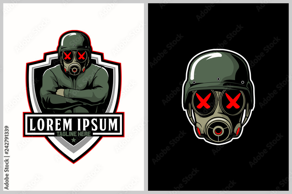 soldiers with gas mask cartoon vector for eSport logo template Stock