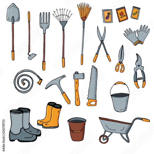 Set of isolated gardening tools on white background. Vector