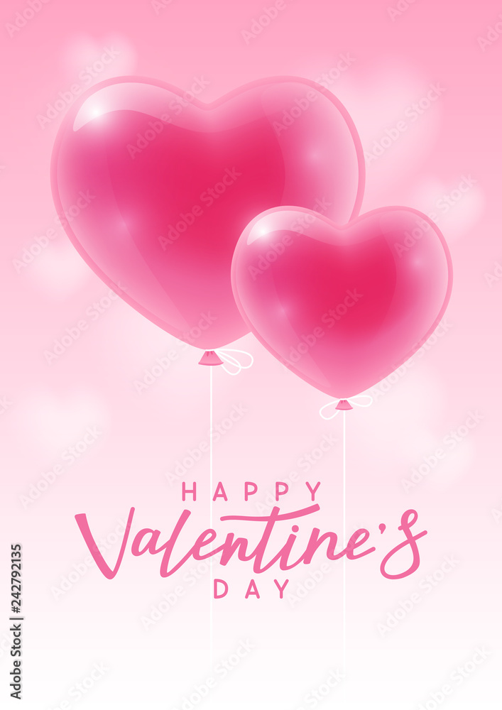 Valentines day greeting card with glossy heart balloons