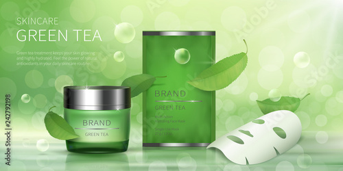 Cosmetic realistic vector background. Green glass jar with cream, sachet with facial sheet mask and green tea leaves, organic cosmetics, natural formula for skincare. Mock up for magazine or catalog
