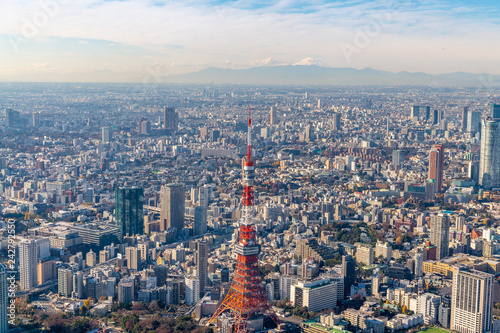 東京タワーと富士山の空撮