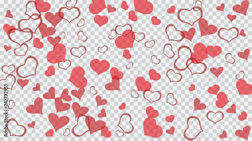 Red on Transparent fond Vector. Romantic background. Design element for wallpaper, textiles, packaging, printing, holiday invitation for Valentine's Day. Red hearts of confetti are falling.