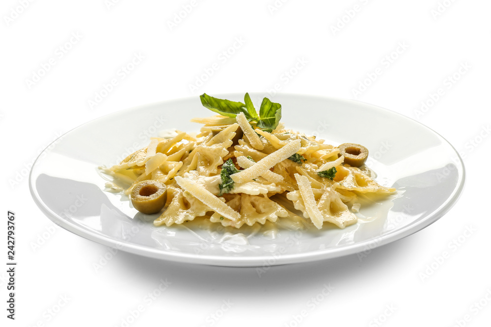 Plate with delicious pasta on white background Plate with delicious pasta on white background