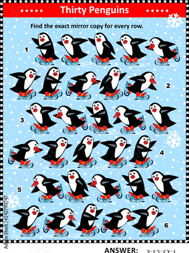 Christmas, winter or New Year IQ training visual puzzle: Match the pairs - find the exact mirror copy for every row of skating penguins. Answer included.
