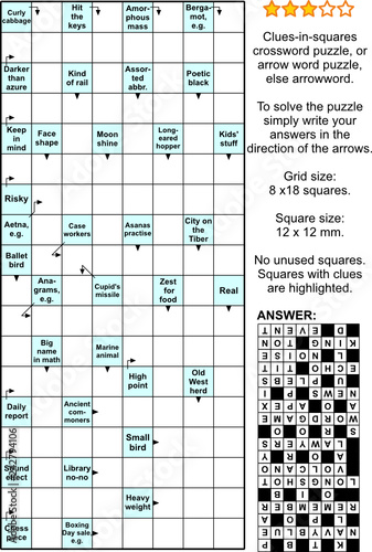 Clues-in-squares crossword puzzle, or arrow word puzzle, else arrowword, or scanword. Real size, answer included.
