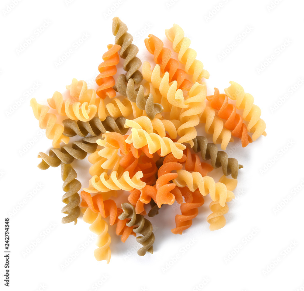 Uncooked fusilli pasta on white background Uncooked fusilli pasta on white background