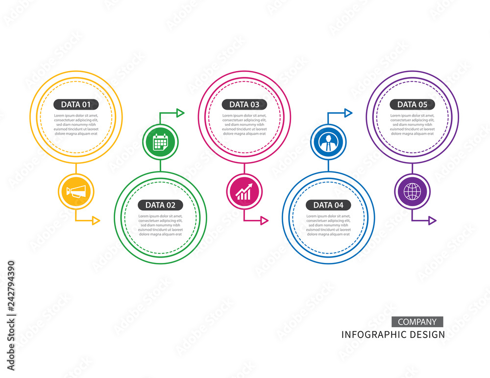 5 circle thin line infographic for business timeline presentation concept. 5 circle thin line infographic for business timeline presentation concept.