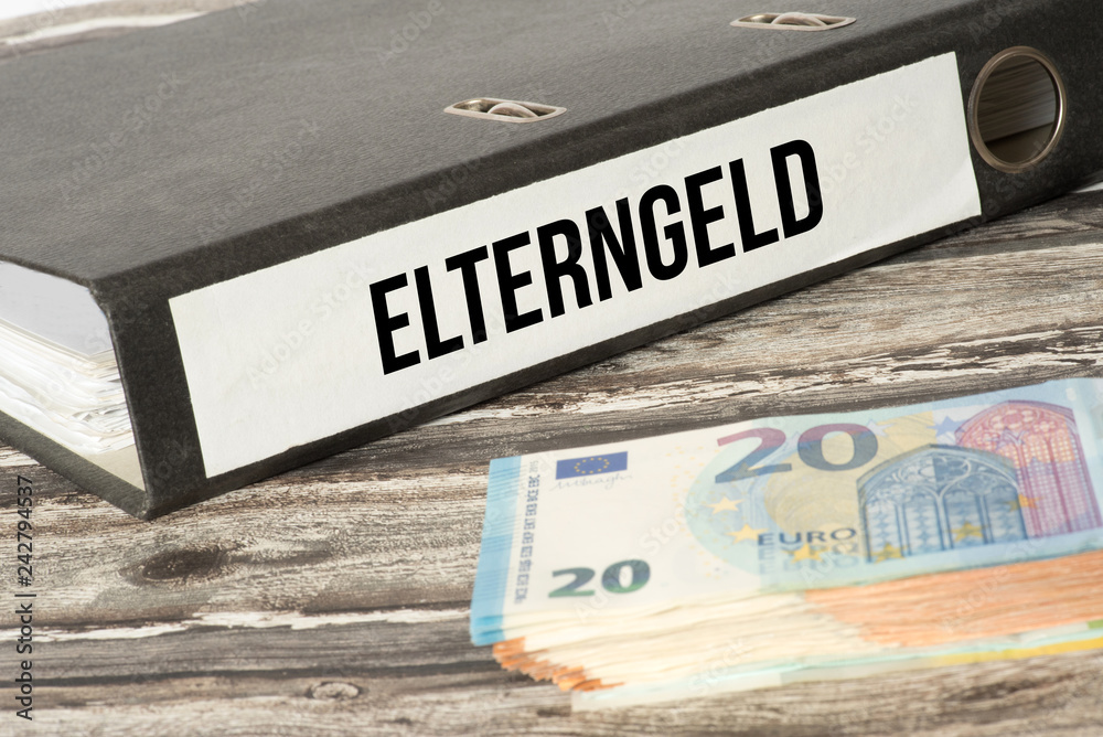 Euro Geldscheine und ein Ordner mit den Dokumenten für das Elterngeld