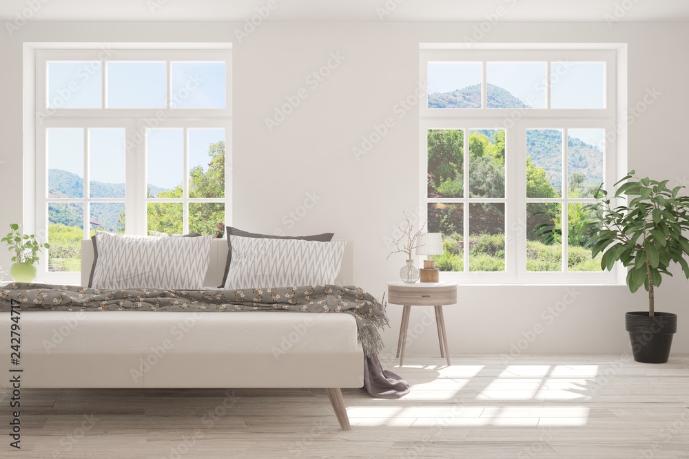 Fototapeta premium White bedroom with summer landscape in window. Scandinavian interior design. 3D illustration
