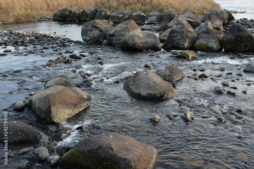 Swift water creates white bubbles in the Kuma River