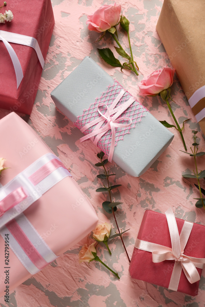 Festive gift boxes on color background Festive gift boxes on color background