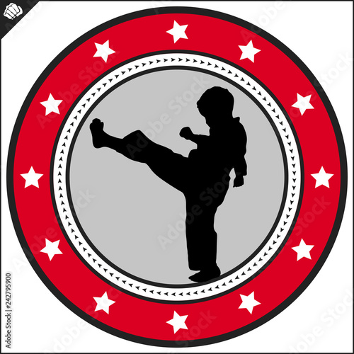 Karate kick high kick emblem. Martial art colored simbol design. Vector, EPS.