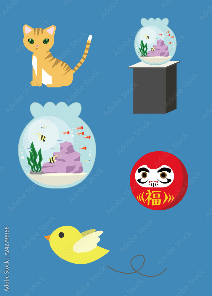 猫 子猫 動物 だるま 日本 和風 鳥 小鳥 魚 金魚 熱帯魚 水槽 アクアリウム ペット Cat 縁起物 正月 かわいい Stock Vector Adobe Stock