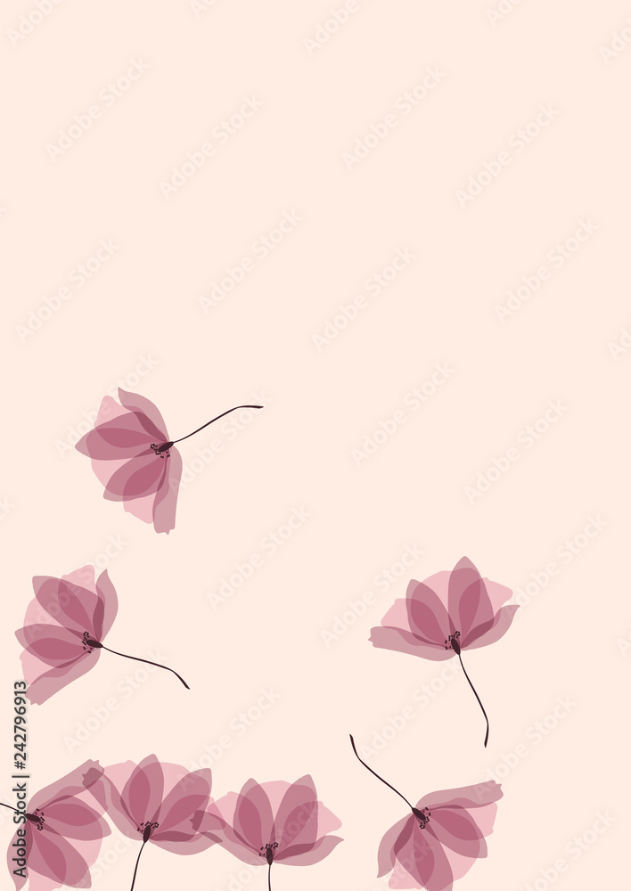 Gentle tropical flowers. Transparent petals on a pink background. Floral pattern in pastel colors.