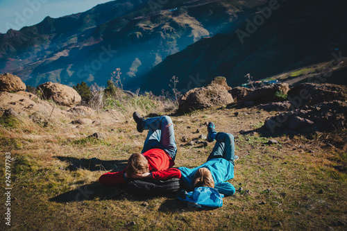 Canvas Print father and son relax on travel in mountains