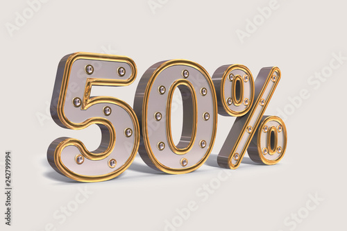 Light bulbs 50% discount, golden promotion sale percent made of realistic 3d with illuminating isolated on light background, offer label, 3d rendering