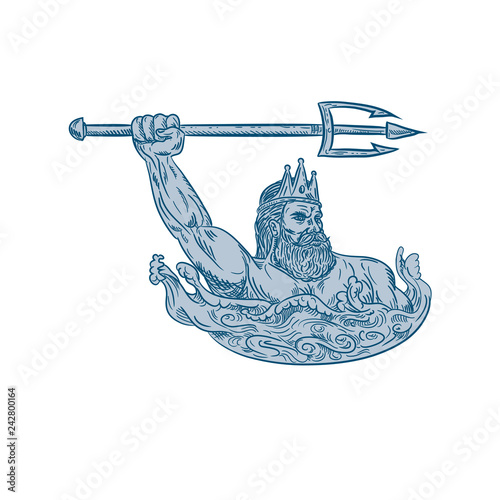 Drawing sketch style illustration of Triton, a Greek god, the messenger of the sea, son of Poseidon and Amphitrite, wielding trident on sea with waves on isolated white background in color.