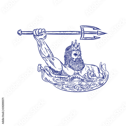 Drawing sketch style illustration of Triton, a Greek god, the messenger of the sea, son of Poseidon and Amphitrite, wielding trident on sea with waves on isolated white background.