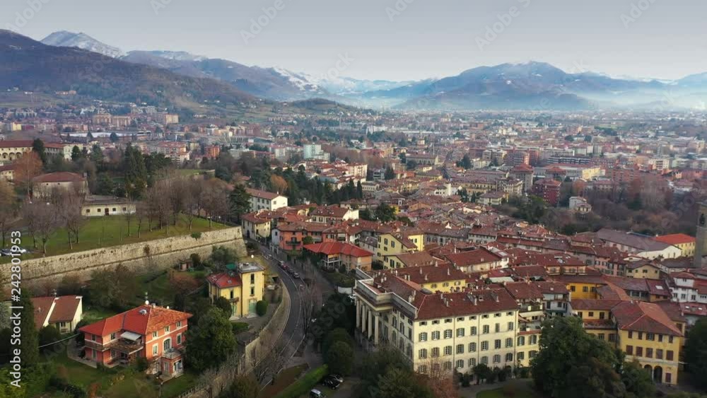 Aerial view of Bergamo cityscape and surrounding mountains, Italy Aerial view of Bergamo cityscape and surrounding mountains, Italy