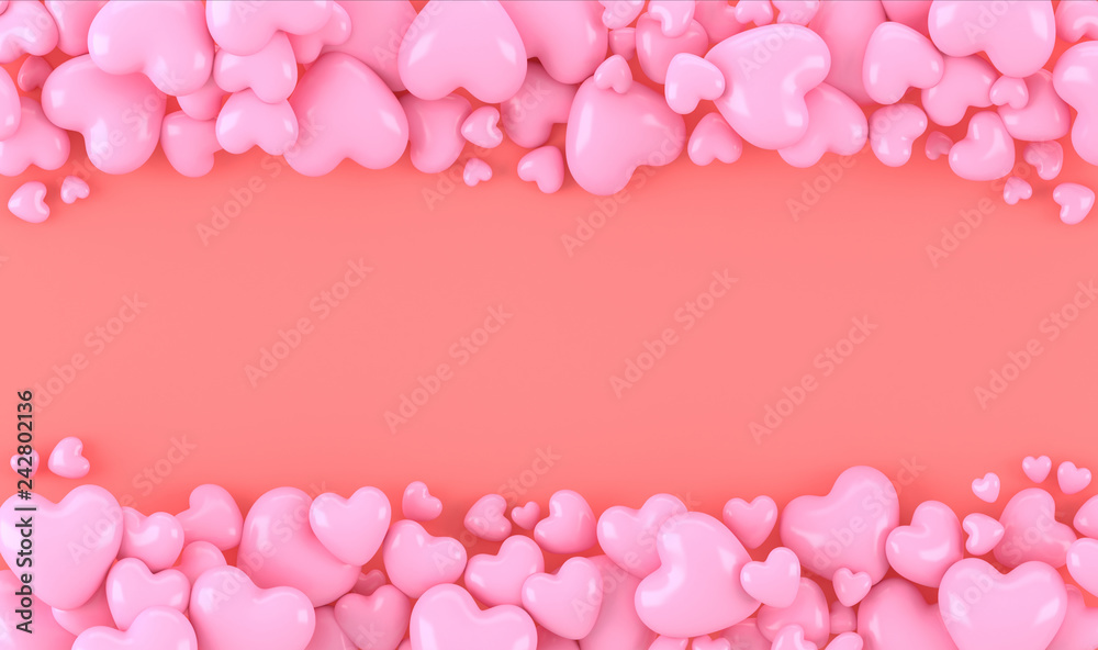 Pink 3D heart shape stock with coral background , space for text or copyright, cute background,valentines concept, 3d rendering