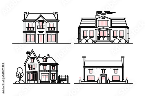 Line art residential house collection. Set of flat style. Colorful vector illustration. European houses collection