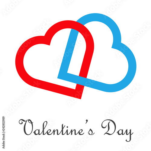 Logotipo abstracto con texto Valentine's Day con dos corazones lineales entrelazados en rojo y azul