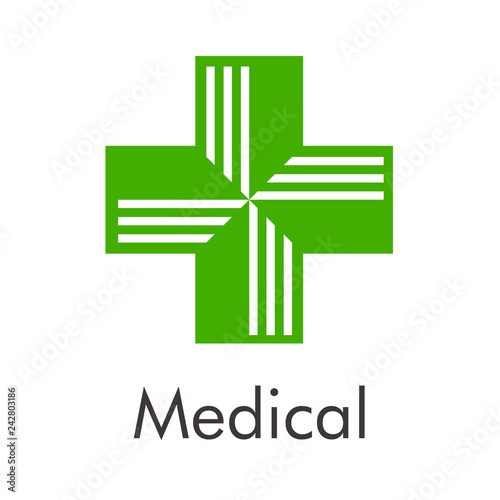 Logotipo abstracto con texto Medical con cruz dividida en color verde