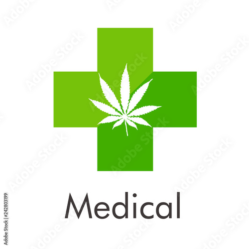 Logotipo abstracto con texto Medical con cruz dividida verde y hoja de marihuana en espacio negativo
