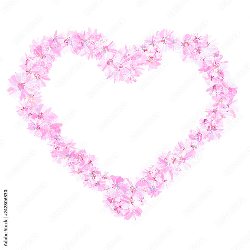 Heart stroked with flowers in gentle pinkish violet colors. Isolated design element for advertising.