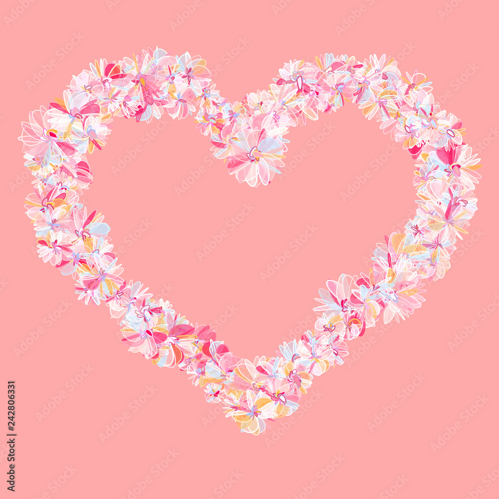 Heart outlined with flowers in pastel colors. Pink background. Fine detailed design element for advertising.