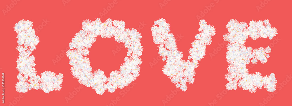 Word LOVE filled with white flowers on red background. Fine detailed design element for advertising.