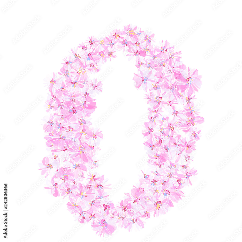 Number zero filled with flowers in pinkish violet colors. Isolated fine detailed design element for advertising.