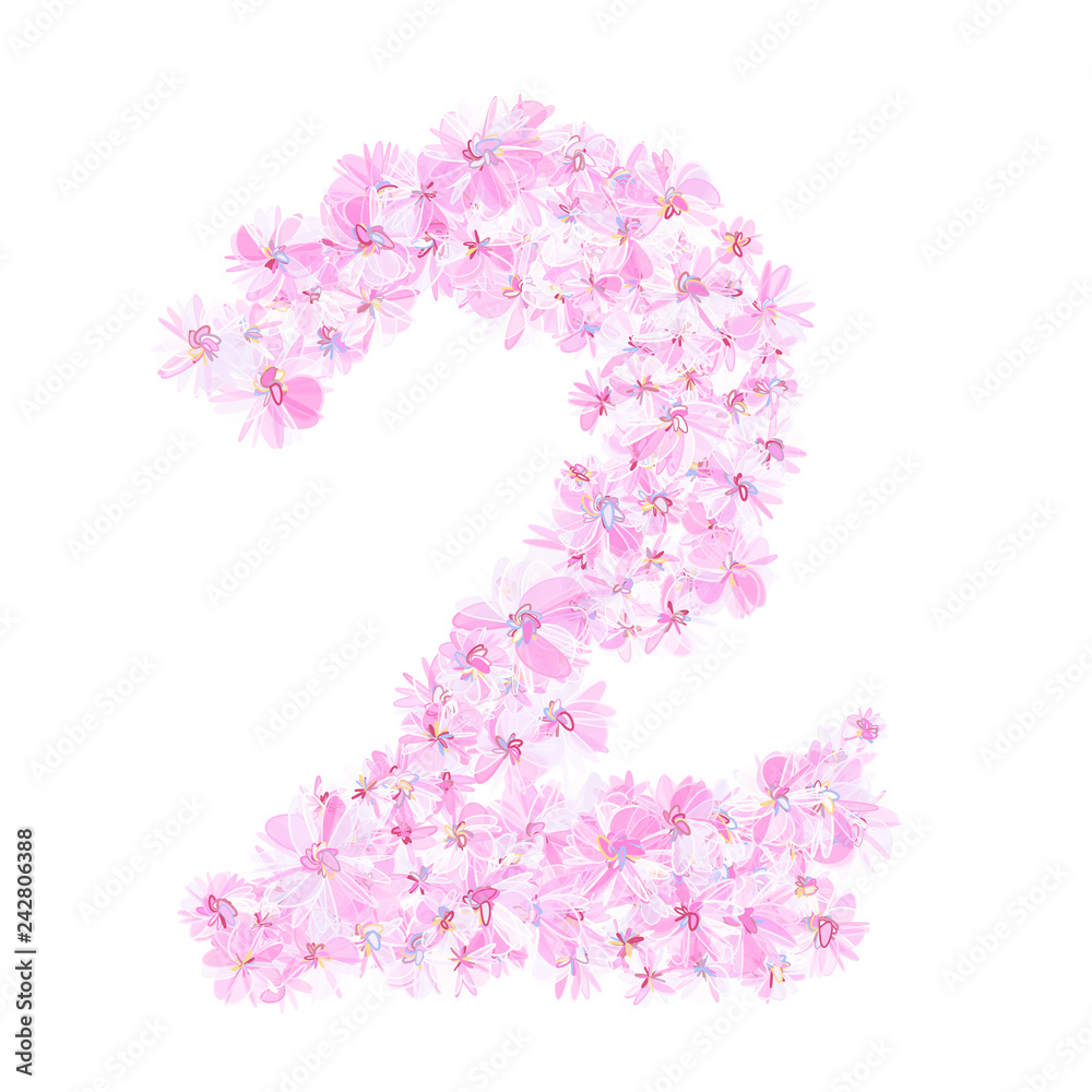 Floral number two 2. Sing of digit two filled with flowers. Pastel violet colors. Isolated fine detailed design element for advertising. 