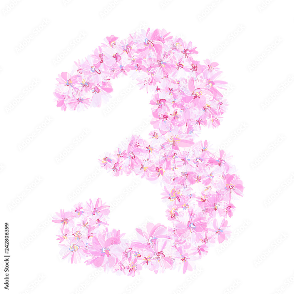 Number three filled with pink flowers. Isolated fine detailed design element for advertising.