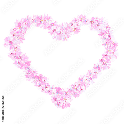 Heart stroked with flowers in gentle pinkish violet colors. Isolated design element for advertising.