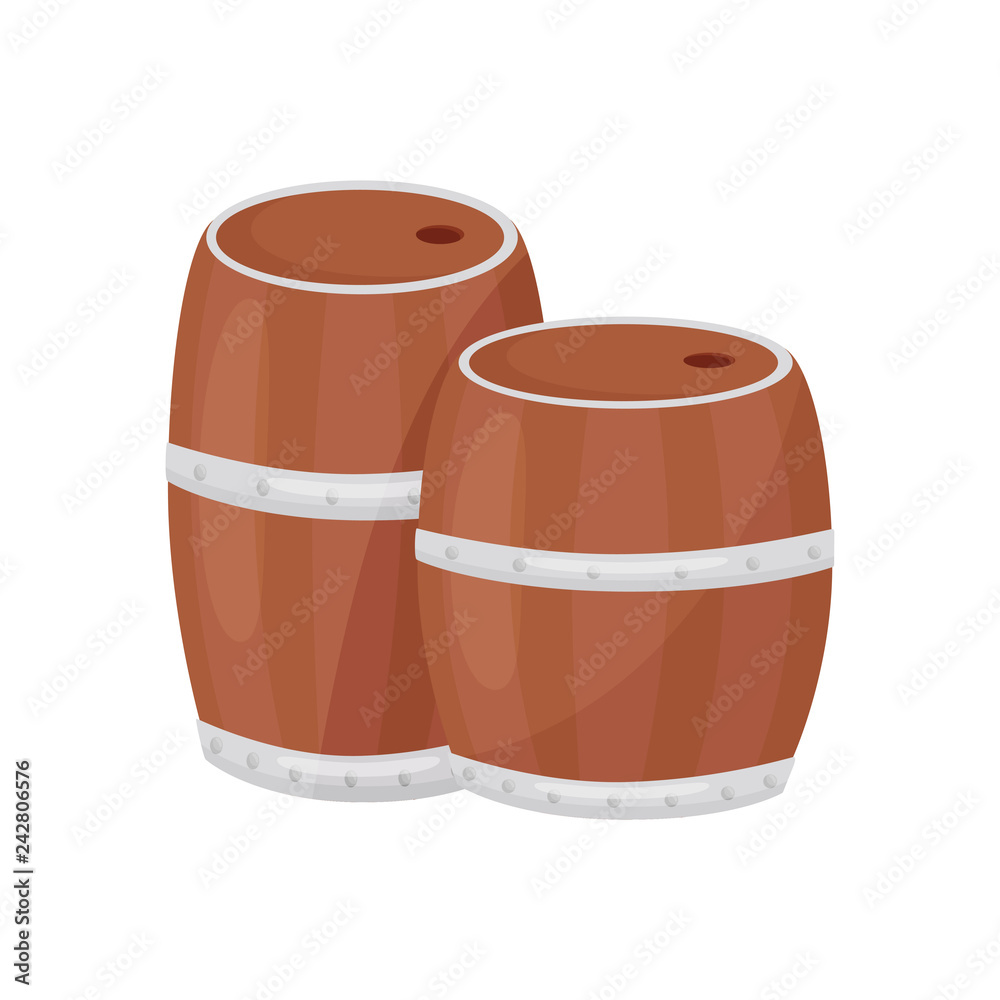 Two wooden barrels for farming and wine-making. Cylindrical containers. Cartoon vector design Two wooden barrels for farming and wine-making. Cylindrical containers. Cartoon vector design