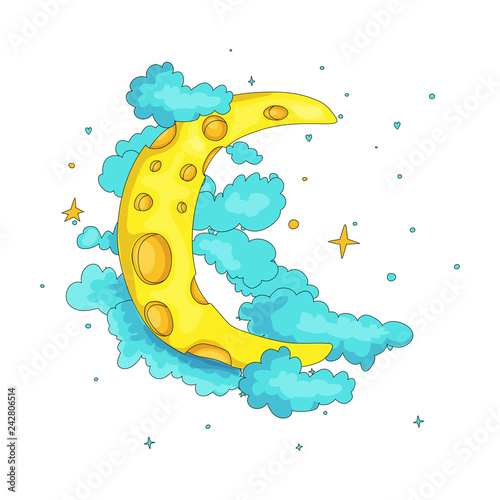 Fun cartoon yellow crescent moon among the stars and clouds icon. Yellow magic crescent moon with decoration on white background. Magical yellow crescent moon in dreams vector icon.
