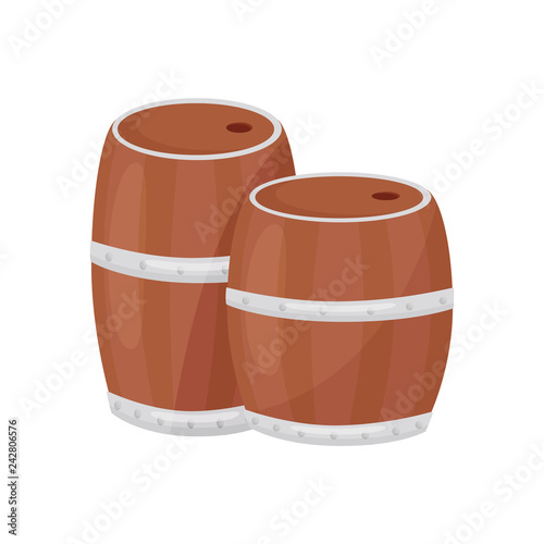 Two wooden barrels for farming and wine-making. Cylindrical containers. Cartoon vector design