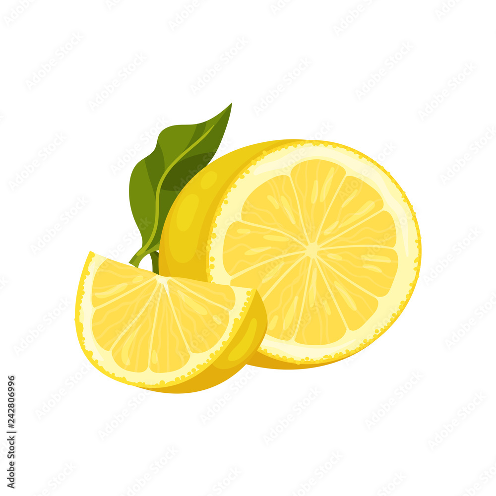 Small slice and half of ripe lemon with green leaf. Juicy citrus fruit. Natural food. Detailed flat vector icon Small slice and half of ripe lemon with green leaf. Juicy citrus fruit. Natural food. Detailed flat vector icon
