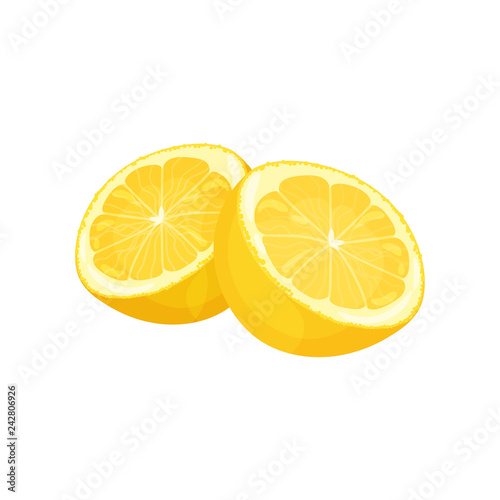 Two halves of juicy lemon. Tasty citrus fruit. Natural product. Detailed flat vector design