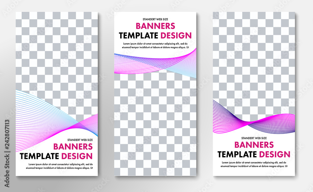 Naklejka premium Templates for vertical vector web banners with place for photo and abstract swirling lines.