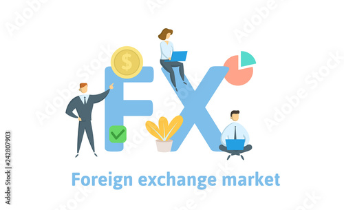 FX, Foreign Exchange Market. Concept with keywords, letters and icons. Colored flat vector illustration. Isolated on white background.