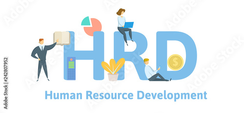 HRD, Human Resource Development. Concept with keywords, letters and icons. Colored flat vector illustration. Isolated on white background.