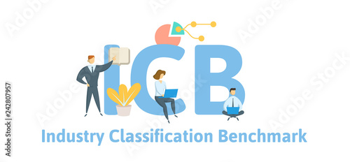 ICB, Industry Classification Benchmark. Concept with keywords, letters and icons. Colored flat vector illustration. Isolated on white background.