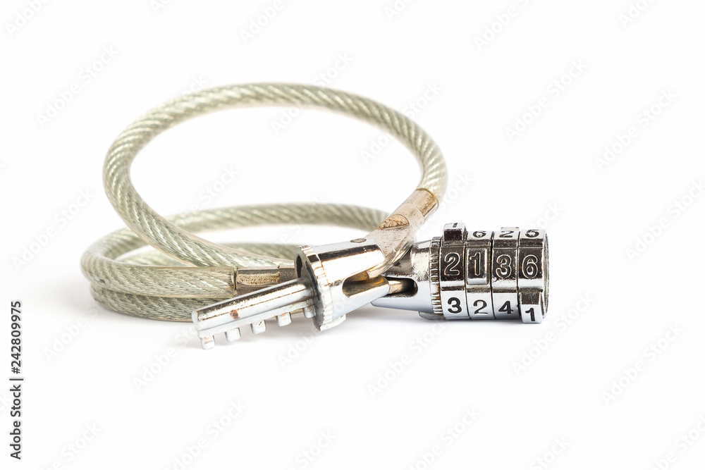 Stainless Clble Sling Security Lock with Password Code on iSolated White Background Stainless Clble Sling Security Lock with Password Code on iSolated White Background