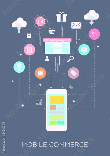 Technology concept idea, e-commerce on mobile and shopping online concept on dark background, flat line vector and illustration.