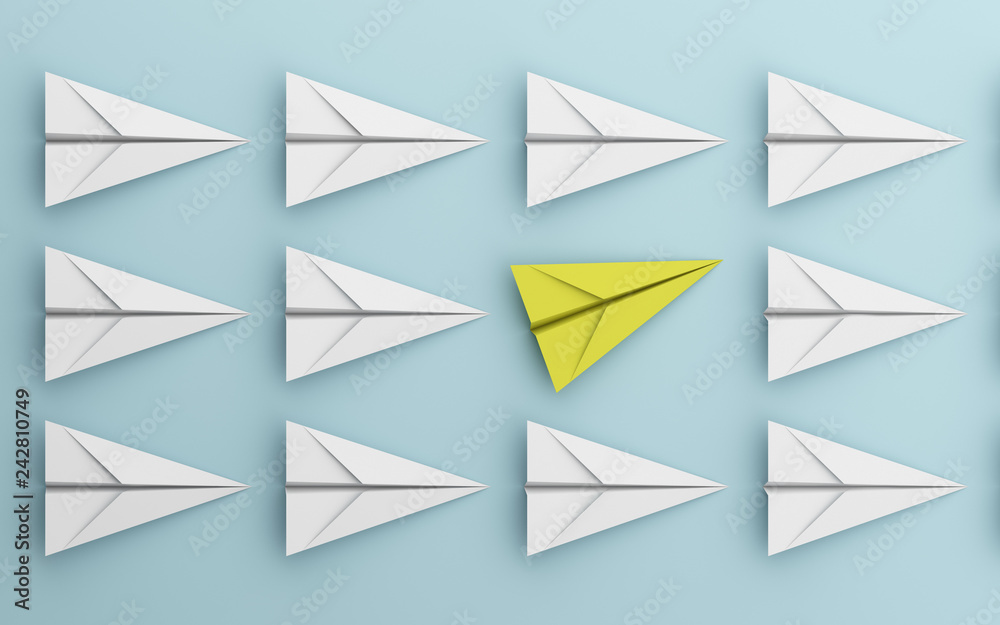 leadership or different concept with yellow and white paper airplane on blue background. Digital craft in education or travel concept. Mock up design. 3d abstract illustration - obrazy, fototapety, plakaty 