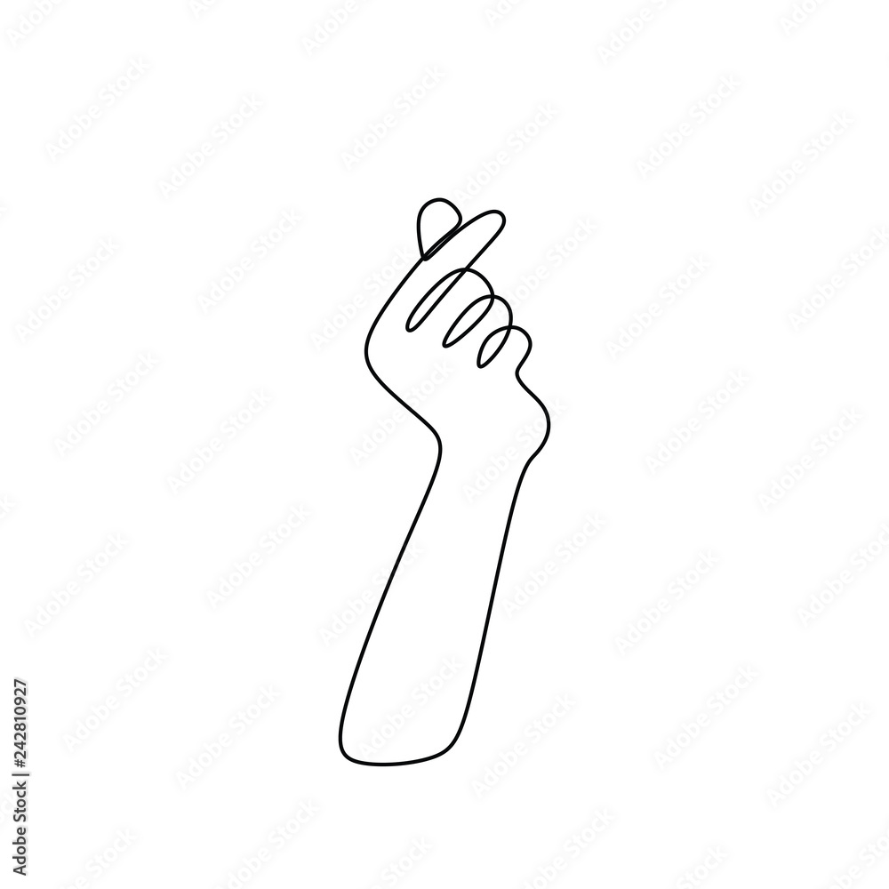 Continuous line drawing of love symbol with hand in popular korean culture style concept vector illustration. Continuous line drawing of love symbol with hand in popular korean culture style concept vector illustration.