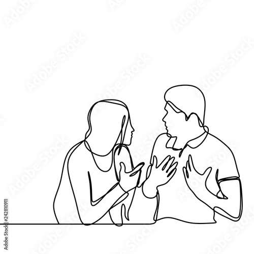 Continuous line drawing of couple in conflict. Man and women talking each other with angry gesture vector illustration isolated on white background.