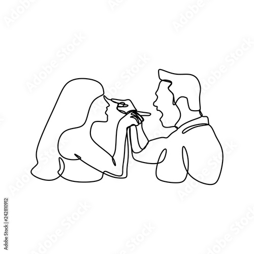 Continuous line drawing of couple in conflict. Man and women talking each other with angry gesture pointing his and her face vector illustration isolated on white background.